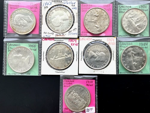 Canada Bulk Lot of 9 80% Silver Dollars 1950 1953 1954 1955 1957 1958 No Reserve