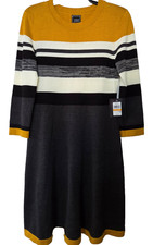 JH Size S Grey Mustard Yellow Knit Scoop Neck 3/4 Sleeve Sweater Dress Preppy