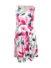 DKNY Women's Floral Sweatheart Neck Midi Dress (10, Pink Rose Combo)