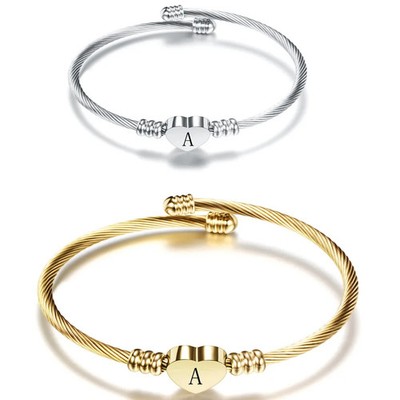 Stainless Steel Cuff Bracelet Women Alphabet Heart Charm Round Layered Jewelry