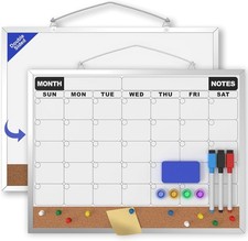 Monthly Dry Erase Calendar Board 16x12 Inch, Double-Sided Whiteboard Corkboard