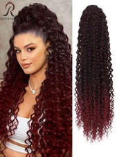 24" Red Ombre Kinky Curly Ponytail Clip In Heat Resistant Synthetic Hair