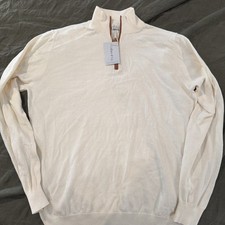 NWT Collars & Co Sweater Mens Medium Cream w Brown Cotton Cashmere 1/4 Zip $114