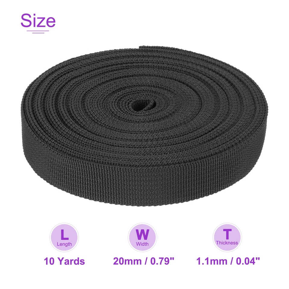 10 Yard x 3/4 inch Width Nylon Webbing Strap Poly Flat Webbing Strapping Black Foto 3 de 4