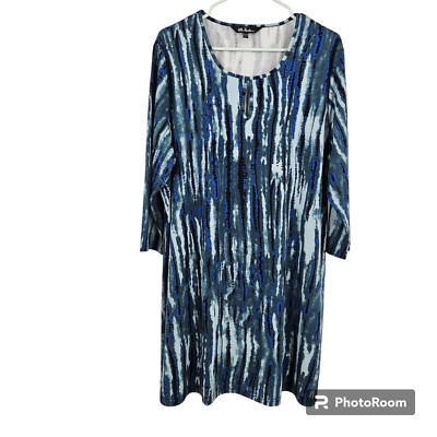 Ulla Popken Dress Blue Black 3/4 Sleeve Keyhole Stretch Tunic Pull On Size 16/18