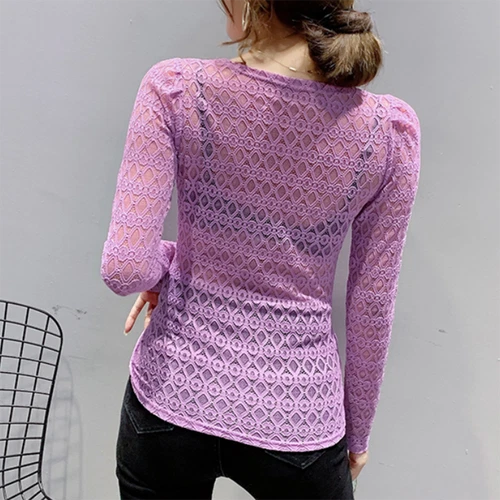 Damen Spitze Bluse Top T-Shirt V-Ausschnitt Langarm transparent durchsichtig schmal sexy weich - Bild 12 von 23