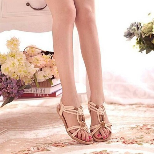 Summer Anti-Slip Women's Thong Sandals Peep Toe Vintage Flats Flower Beads BB - Picture 3 of 14