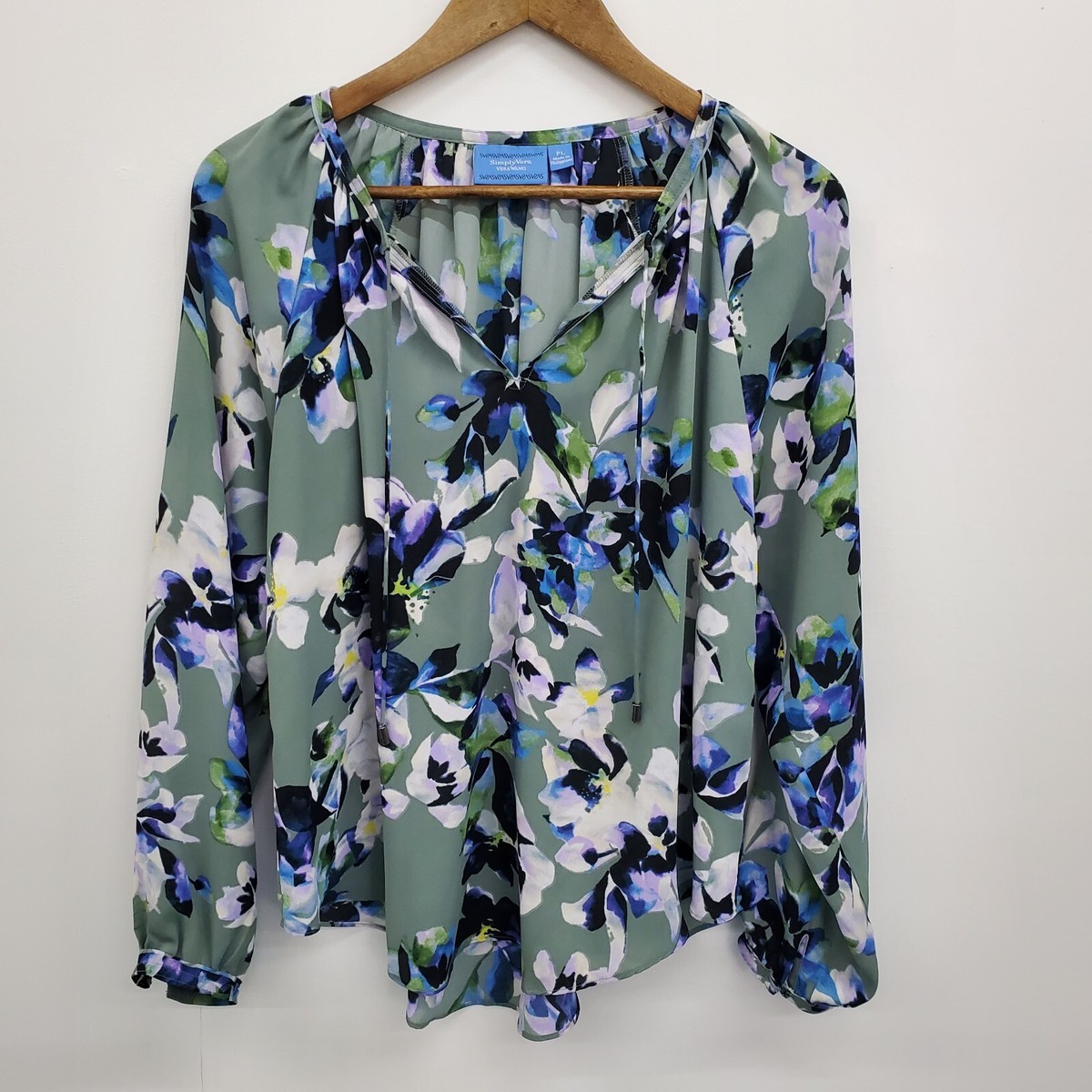 Simply Vera Wang Womens Floral Tie Neck Blouse Top Size