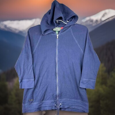 L-RL Lauren Active Sweater Women L Navy Blue Waffle Hoodie Stretch Full Zip 