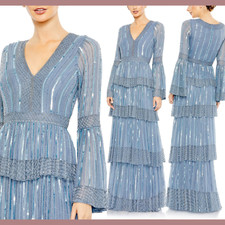 NWT $698 Mac Duggal [ 10 ] 5442 Embellished Bell Sleeves Tiered Gown Blue #J467
