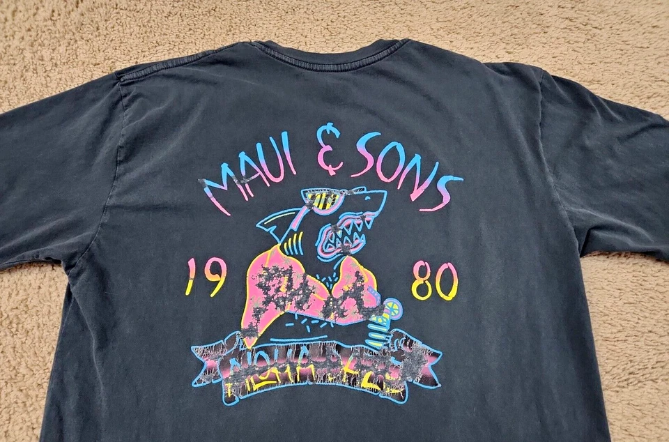 Vintage Maui & Sons 1980 Aloha Daze Sharkman T-Shirt Size XL Faded Black Gray - Image 2 of 4