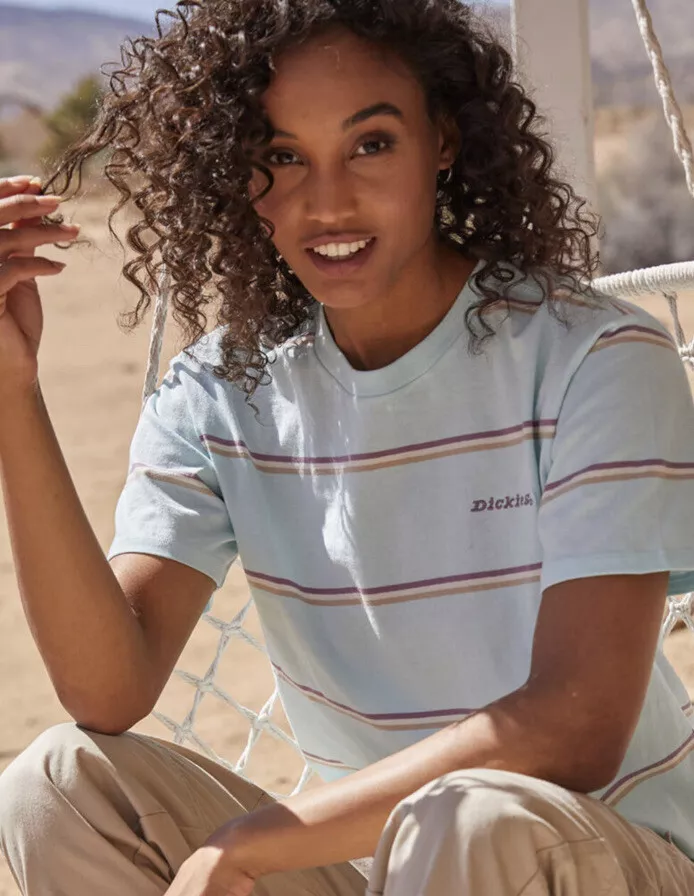 NEW Dickies Striped Tomboy Tee Shirt Blue Boxy Cropped Top 90s Y2k Grunge  $30