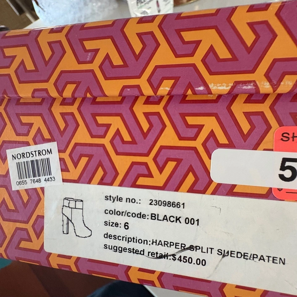 $450 TORY BURCH Harper Botines Negro Gamuza Charol Botines TALLA 6M Foto 3 de 4