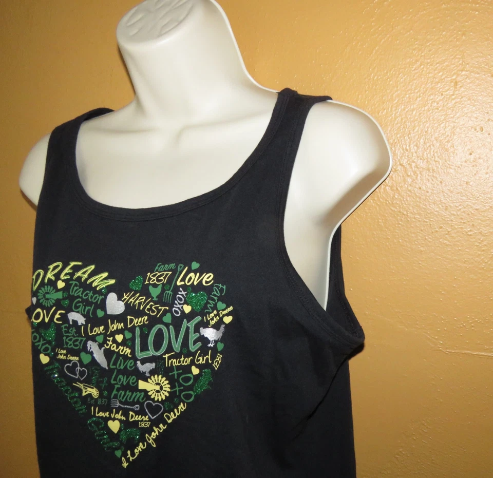 Camiseta sin mangas John Deere para mujer XL LOVE brillo negra granja tractor país Foto 4 de 4