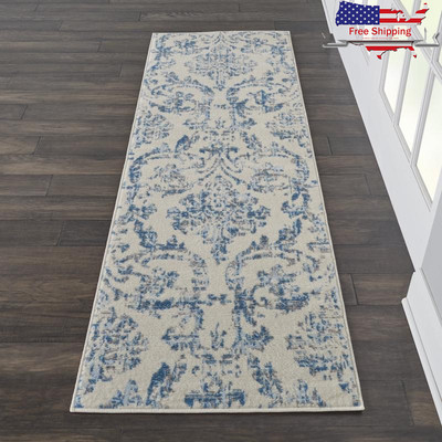 Vintage Farmhouse Damask Area Runner Rug Easy Care Low Pile Indoor Use Sturdy