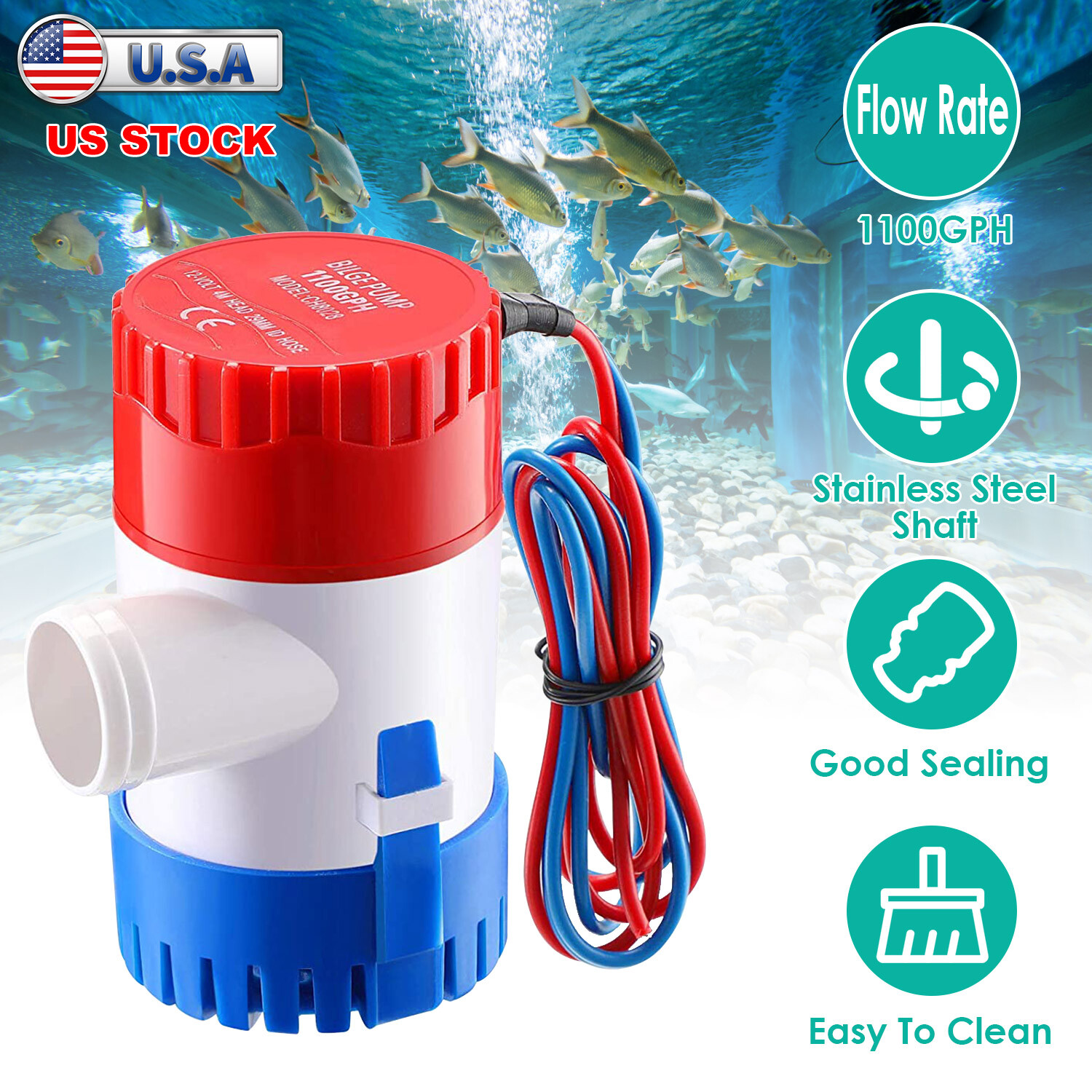 12V 1100GPH Marine Boat Submersible Bilge Pump Non-Automatic Electric Water Pump
