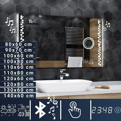 Badspiegel mit LED Wandspiegel Spiegel AUDIO UHR WETTER MAKEUP Detroid + TOUCH