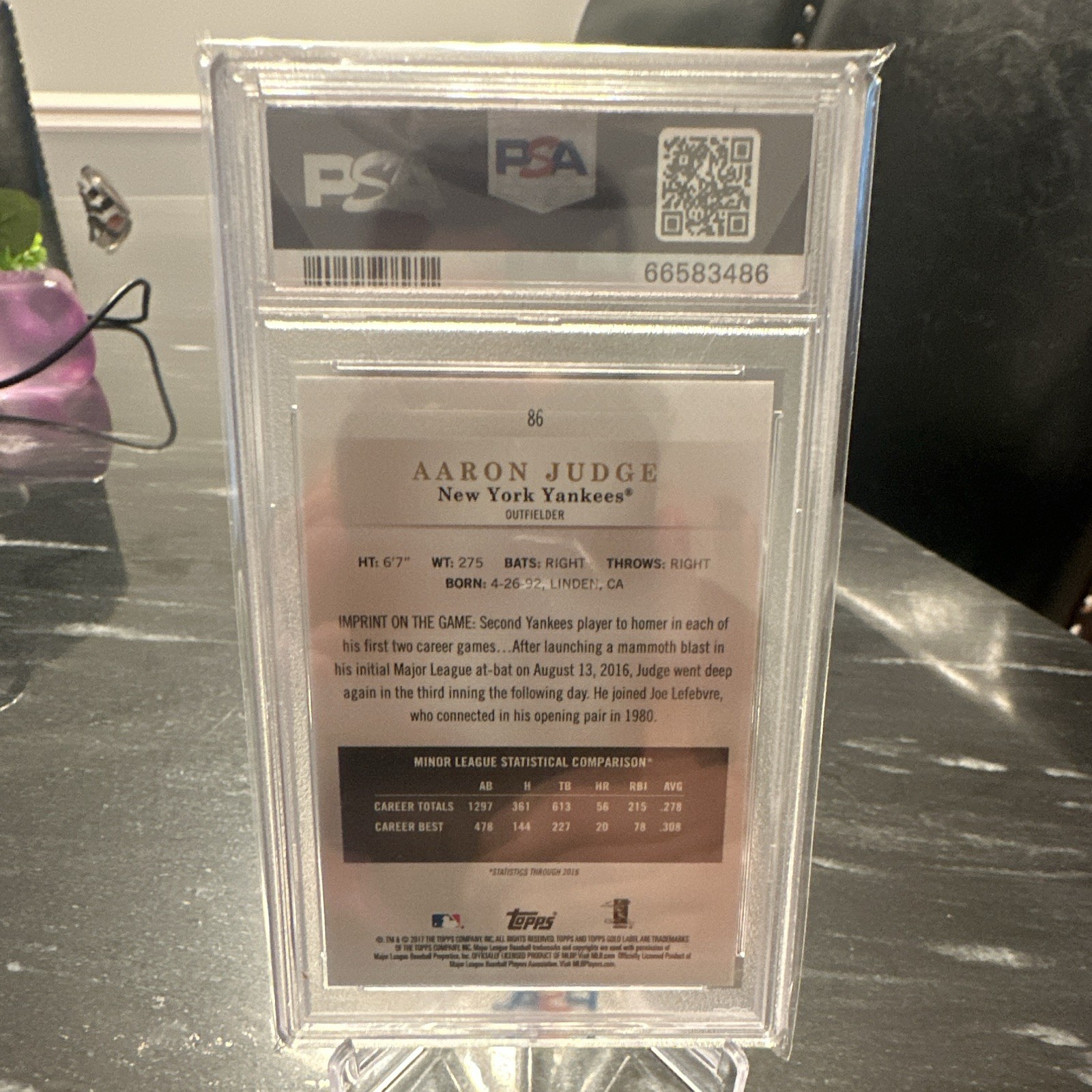 Topps 2017 Gold Label Aaron Judge RC Class 1 #86 PSA 10 Yankees view 2