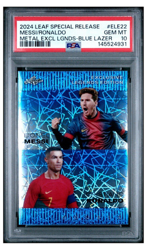 2024 Leaf Special Messi/Ronaldo Metal Blue Legends #ELE22 #2/20 PSA 10 Only 2