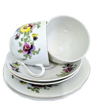 Two Trio Tea Sets Vintage Pansy Design , Cup, Saucer, Plate, Czecho-Slovakia 251