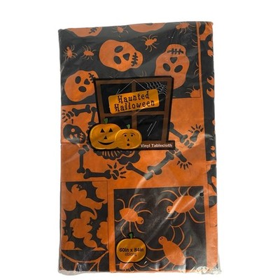 Elrene Haunted Halloween Vinyl Tablecloth 60 x 84 Oblong Orange Black Skull Bats