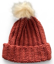 Crochet Ribbed Beanie With Faux Fur Pom Pom - Adult Size Ginger