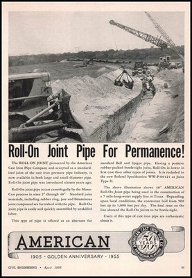 1955 American Cast Iron Pipe Co. Work Photo Roll-On Joint Pipes Vintage Print Ad