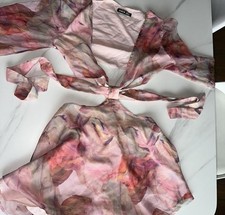 SHEIN Petite S Pink Floral Chiffon Sheer Tie Cropped Long Sleeve dress