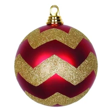 Vickerman 6" Glitter Accents Chevron Ball Christmas Ornament in Matte Red/Gold