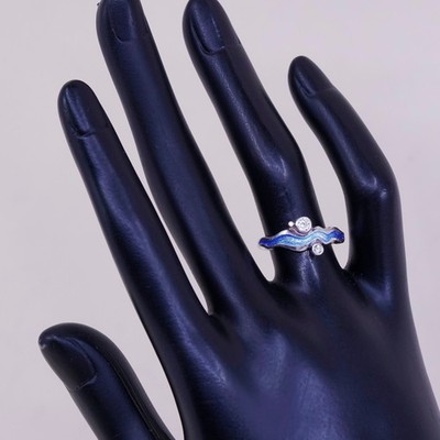 sz 6.5, vtg Sterling silver handmade ring, 925 band w/ blue enamel
