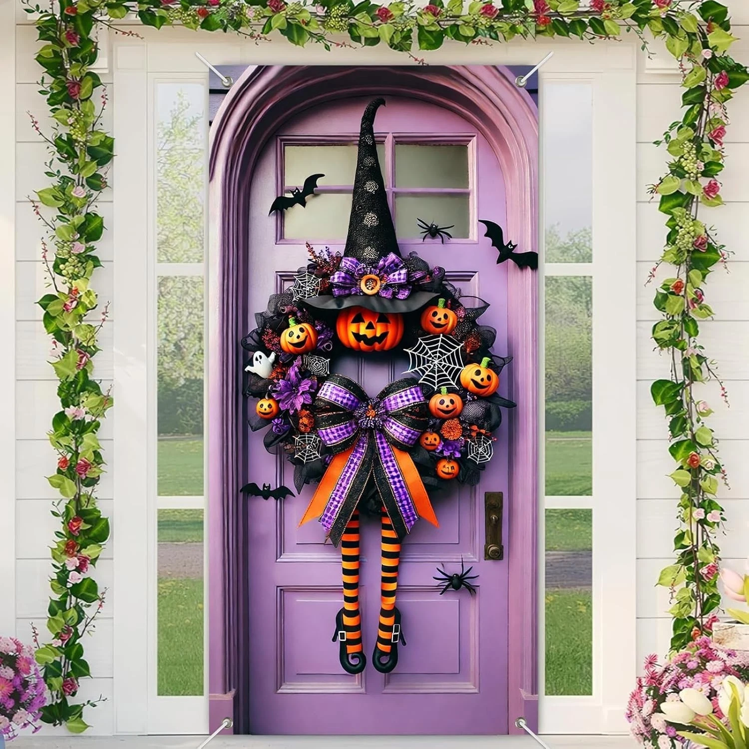 Halloween Witch Wreath Door Cover 71X35 Inch Holiday Front Porch Door Banners De