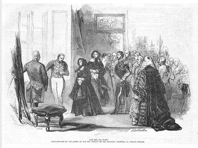 KÖNIGIN VICTORIA Proklamation im Jakobuspalast 1837 - antiker Druck 1845