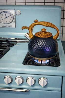 3L Whistling Tea Kettle Black Stainless Steel Wood Handle Stove Top New In Box