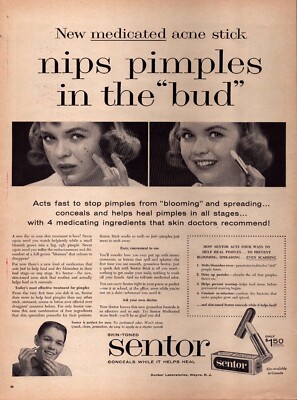 1958 Sentor Medicated Acne Stick Print Ad Nips Pimples in the Bud Skin Toned
