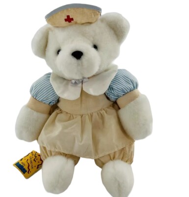 1989 Prestige Toy Co Plush Nurse Teddy Bear With Uniform 15'' Tag White Vintage
