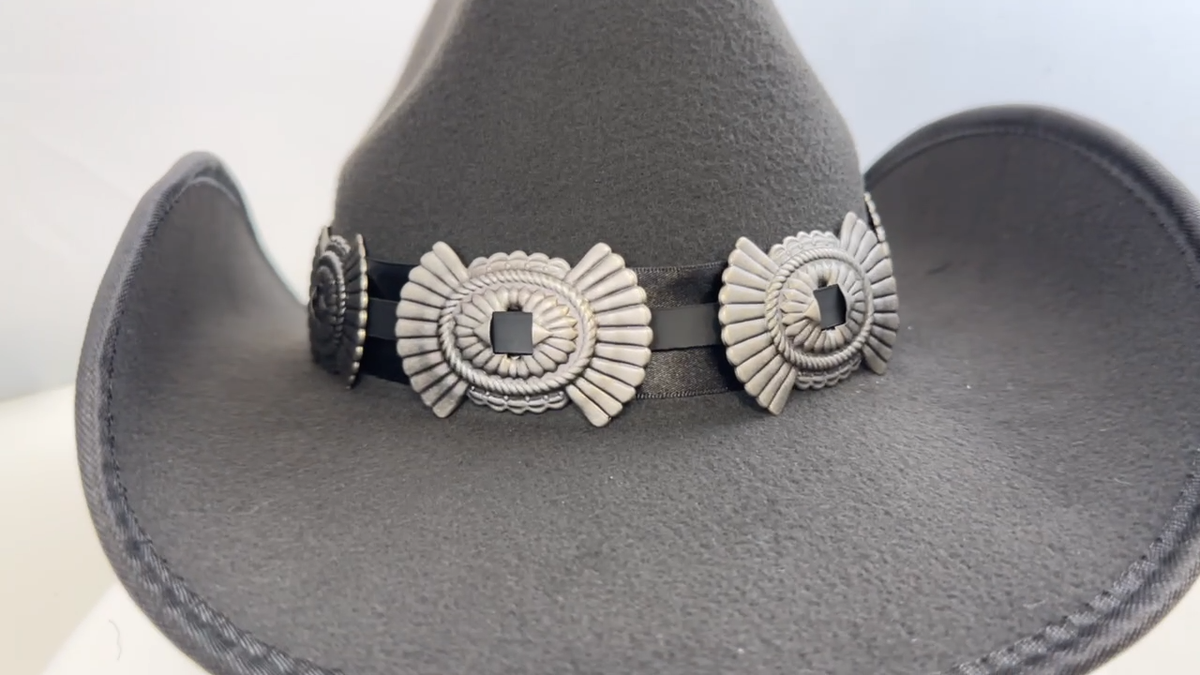 Chapeau Cowboy Argent Nickel - Bande En Cuir Ovale Concho - Costume Cosplay Western - Taille Unique