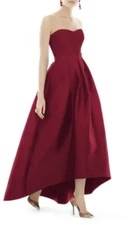 ALFRED SUNG D699SW Strapless High Low Sateen Burgundy Gown Plus New Size 18