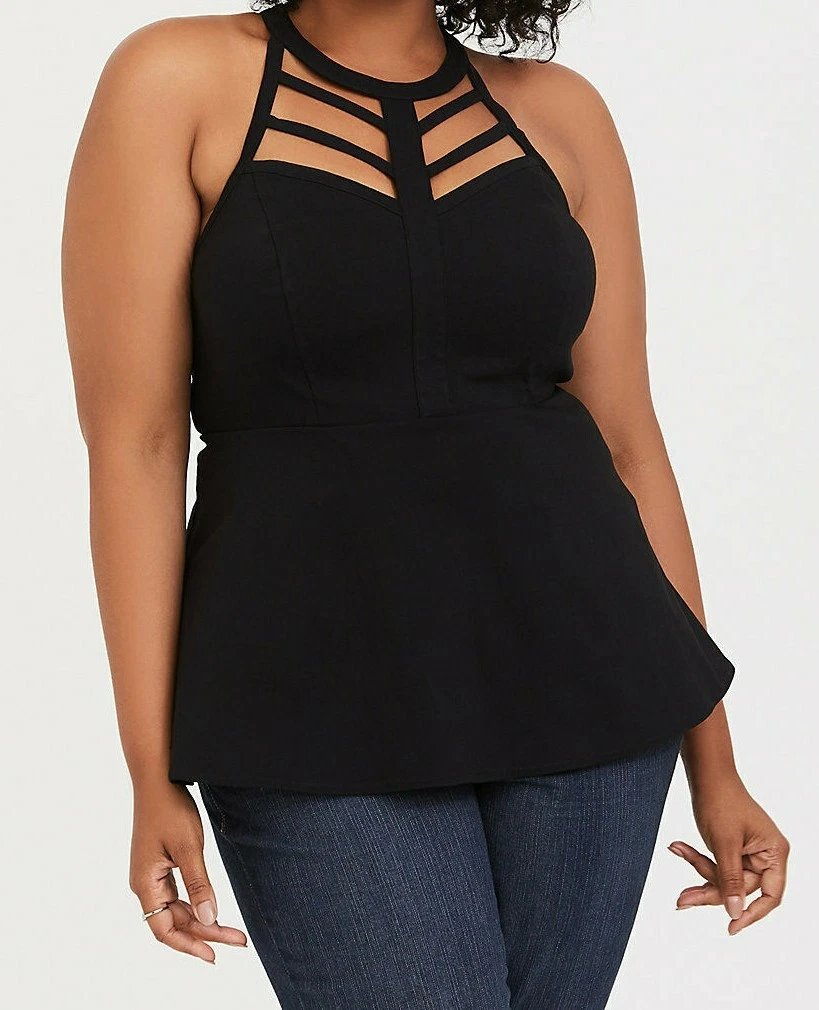 Torrid Caged High Neck Peplum Top Black 5X 62334