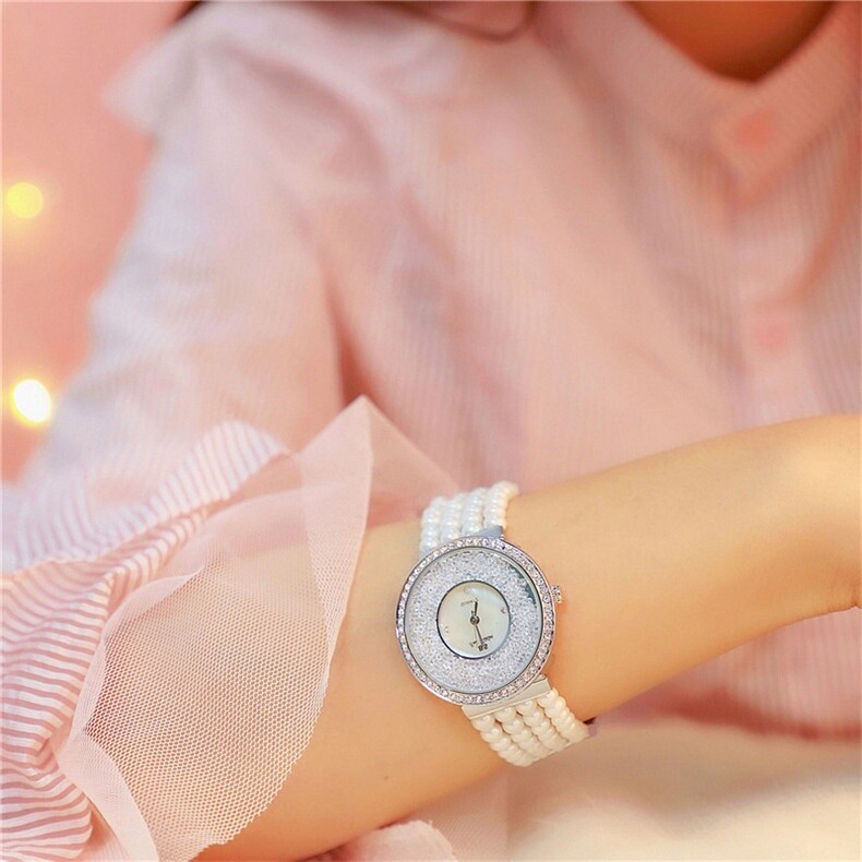 Women Luxury Diamond Rhinestone Watch With Pearl Band Quartz Wristwatch
