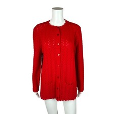 Vintage 80s Pointelle Cardigan Cherry Red College Point Hip Pockets Sweater