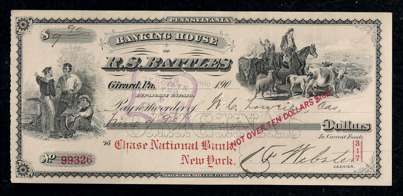 Banking House of R.S. Battles, Girard, PA 1913 Chase National Bank, New York!