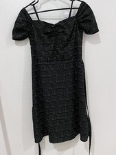 BR Black White Polka Dot Puff Sleeve Ruched Bodycon Dress Drawstring In Sizes 4
