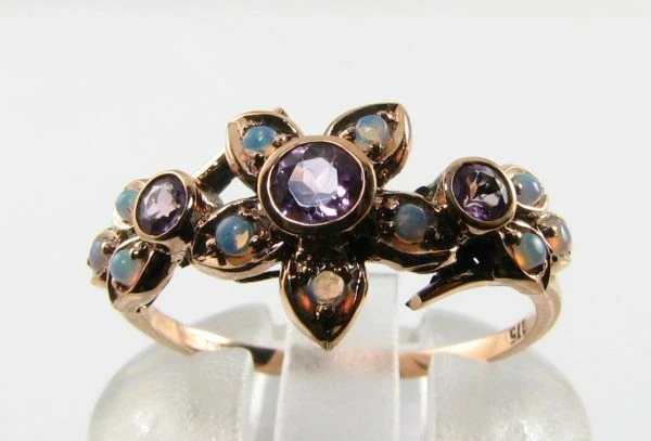 Anillo Cluster Art Déco 9CT Oro Rosa 9K Turmalina Rosa Ópalo