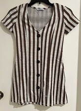 ZARA Trafaluc Brown & Ivory Striped Short Sleeve V-Neck Button Front Dress S