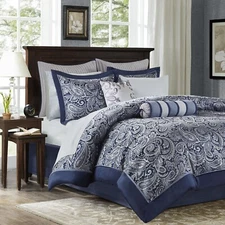Madison Park 12-Pcs Faux Silk Jacquard Paisley Comforter Set-All Season Bedding