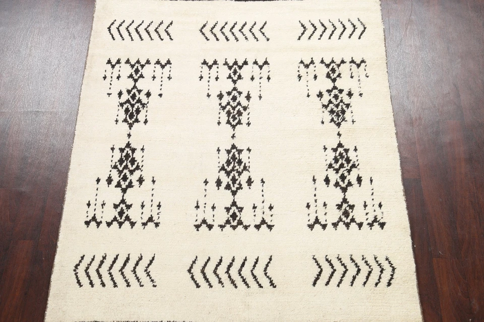 Geometric Ivory Moroccan Berber Oriental Area Rug Vegetable Dye Hand-Knotted 5x8 - Image 3 of 4