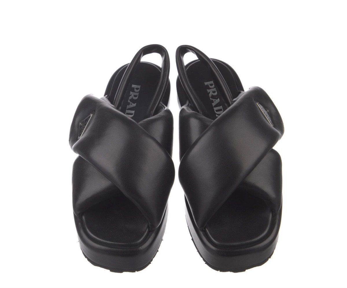 100% AUTHENTIC PRADA Soft Padded NAPPA BLACK Wedge Sandals Size 37