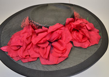 Vintage Scarlet Black Cartwheel Tilt Hat Finely Woven Flowers Pancake USA