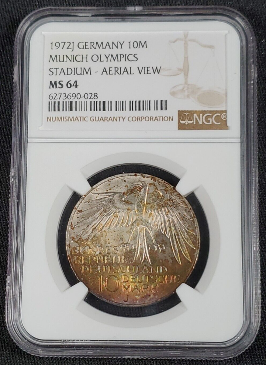 1972 J Germany Silver 10 Mark Munich Olympics Stadium - NGC MS 64