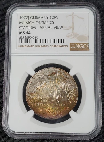 1972 J Germany Silver 10 Mark Munich Olympics Stadium - NGC MS 64 Amazing Toning